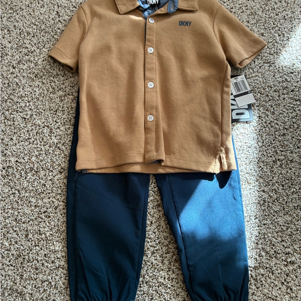 DKNY Kids Tan Polo Shirt with Navy Jogger Pants